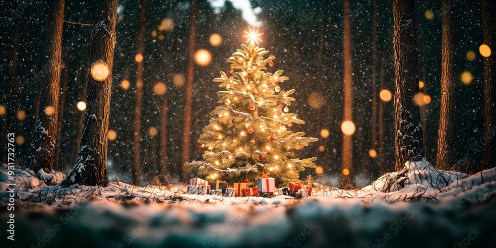 Naklejka premium Large Christmas tree lit up with fairy lights and wrapped gifts at the base in a pine forest covered in snow