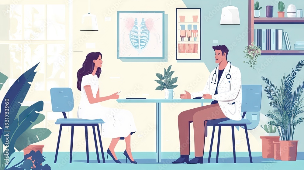 Young woman in a white dress sitting on a blue chair talking to a doctor in a medical coat, flat vector illustration of interior design with decoration elements. AI generated illustration Young woman in a white dress sitting on a blue chair talking to a doctor in a medical coat, flat vector illustration of interior design with decoration elements. AI generated illustration