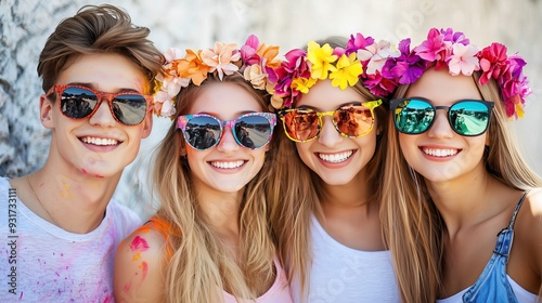 Four friends two men and two women smile brightly at the camera