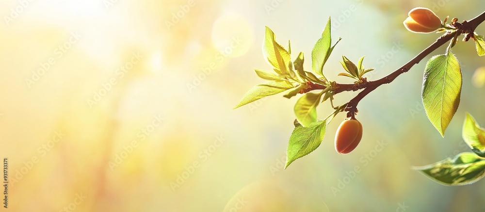 Apricot branch featuring the first delicate leaves of spring in sunny weather copyspace Apricot branch featuring the first delicate leaves of spring in sunny weather copyspace