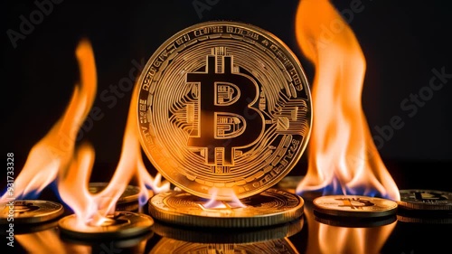 Bitcoin coin on fire, business and cryptocurrency concept, dark background.
