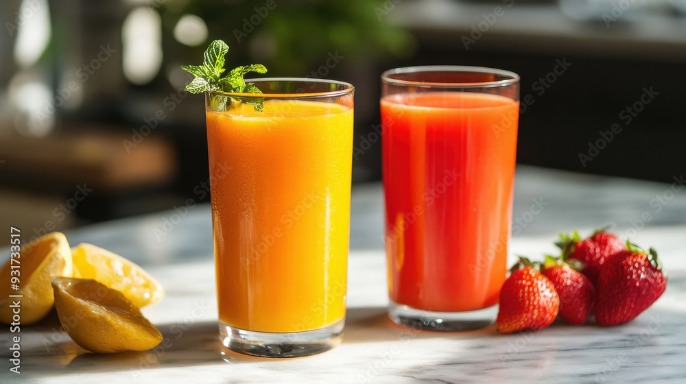 red and yellow juice in two glasses on the table red and yellow juice in two glasses on the table