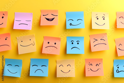 testimonial rating concept with white sticky notes, psychological comfort at work, emotions of joy and sadness at work,