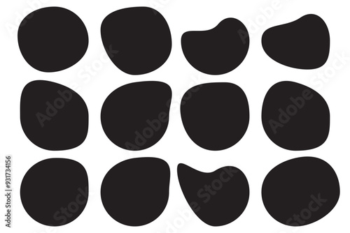 Random blob circles silhouette icon set. An arrangement of black organic shapes. Isolated on a white background.	