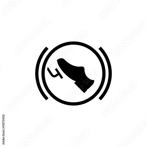 Press break pedal warning icon. Simple solid style. HMI dashboard, brake, car, foot, accelerate, gas, warning, control concept. Black silhouette, glyph symbol. Vector illustration isolated.