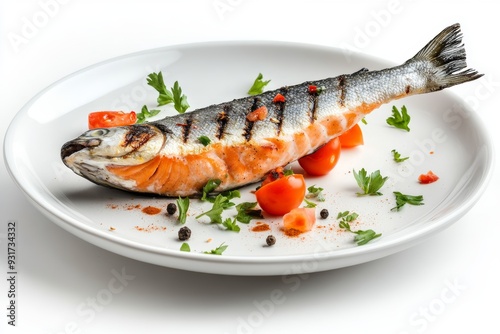 Grilled salmon steak meal on white plate with falling salmon, peppers, and tomatoes in the air.