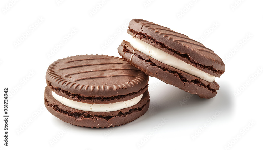 Chocolate sandwich cookies, baked biscuits stuffed with milk cream isolated on white background with clipping path Chocolate sandwich cookies, baked biscuits stuffed with milk cream isolated on white background with clipping path