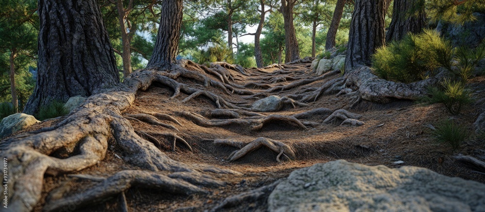 A hiking trail among the trees filled with tree roots and rocks. with copy space image. Place for adding text or design A hiking trail among the trees filled with tree roots and rocks. with copy space image. Place for adding text or design