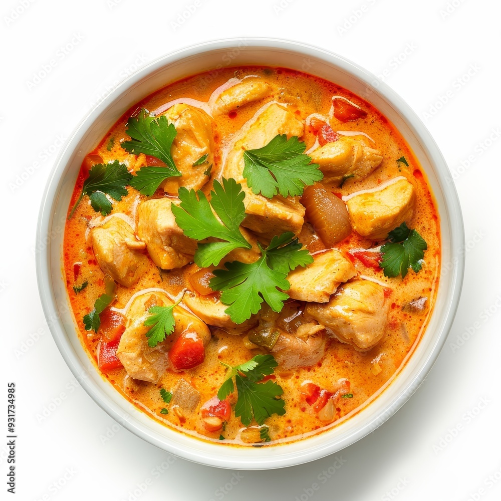 A bowl of chicken curry with cilantro garnish, isolated on a white background. A bowl of chicken curry with cilantro garnish, isolated on a white background.