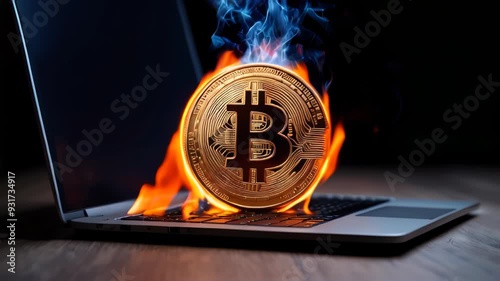 Bitcoin coin burning on laptop screen, technology, business and cryptocurrency concept, dark background.