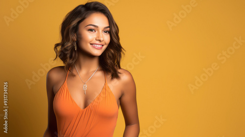 young indian woman standing on yellow background