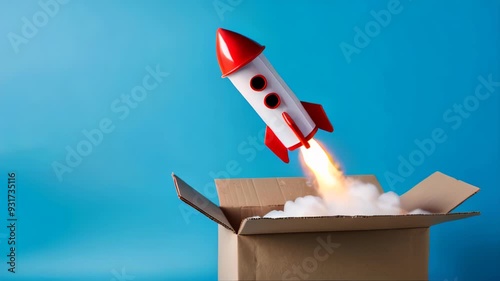 Toy rocket taking off from a cardboard box, startup and delivery concept.