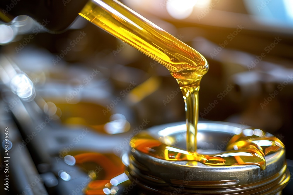 A mechanic pours fresh oil into an engine reservoir, ensuring proper lubrication and maintenance for optimal vehicle performance. Generative AI A mechanic pours fresh oil into an engine reservoir, ensuring proper lubrication and maintenance for optimal vehicle performance. Generative AI