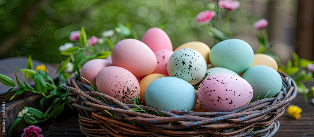 Easter eggs placed in a basket Easter eggs. with copy space image. Place for adding text or design Easter eggs placed in a basket Easter eggs. with copy space image. Place for adding text or design