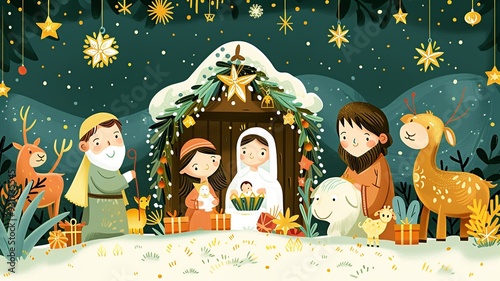 A joyful minimalist illustration of the nativity, emphasizing essential elements like the manger and the star. The design captures the simplicity and beauty of the scene photo