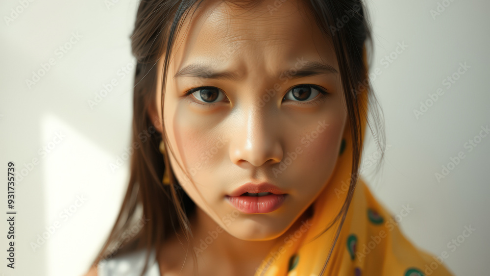 Close-up portrait of a young Asian woman with a serious expression Close-up portrait of a young Asian woman with a serious expression