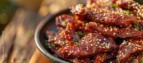 Fermented pork seasoned with sesame dried in the sun and then fried. with copy space image. Place for adding text or design