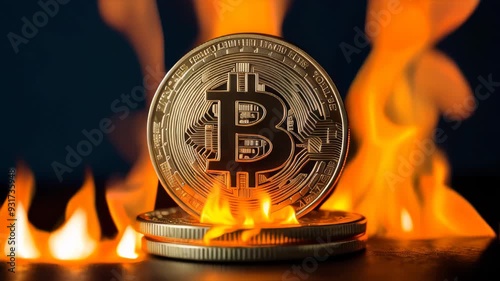 Bitcoin coin on fire, business and cryptocurrency concept, dark background.