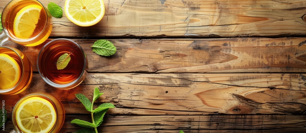 Cups of refreshing iced tea on a table with a wooden background Area for text. with copy space image. Place for adding text or design Cups of refreshing iced tea on a table with a wooden background Area for text. with copy space image. Place for adding text or design