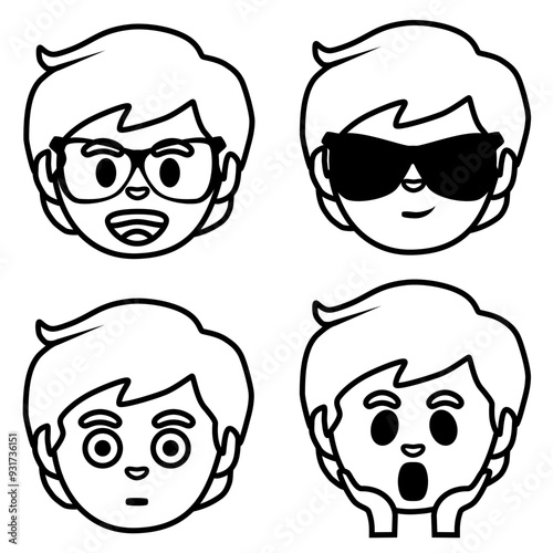male face sticker in the form of a black line vector. The facial expressions include a cheerful face wearing glasses, feeling cool wearing sunglasses, a stunned face, a fascinated face with both hands