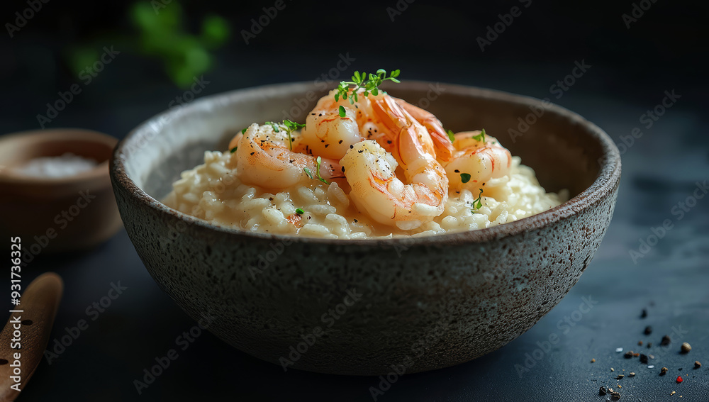 Delicious shrimp risotto dish with prawns and herbs presented in a rustic bowl Delicious shrimp risotto dish with prawns and herbs presented in a rustic bowl