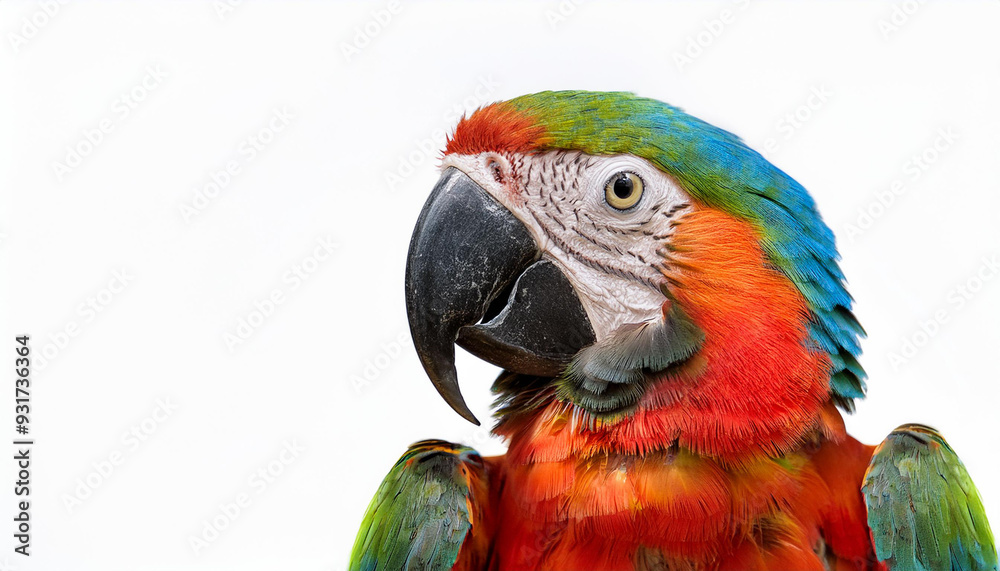 An isolated image of an exotic parrot perched on a white background, showcasing its vibrant plumage and striking colors, perfect for nature-themed projects or wildlife presentations. An isolated image of an exotic parrot perched on a white background, showcasing its vibrant plumage and striking colors, perfect for nature-themed projects or wildlife presentations.