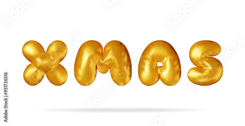 3D Christmas colorful text in gold bright balloon xmas word. Render spruce, x mas text. Greeting card, festive poster, party invitations. New year. Vector illustration