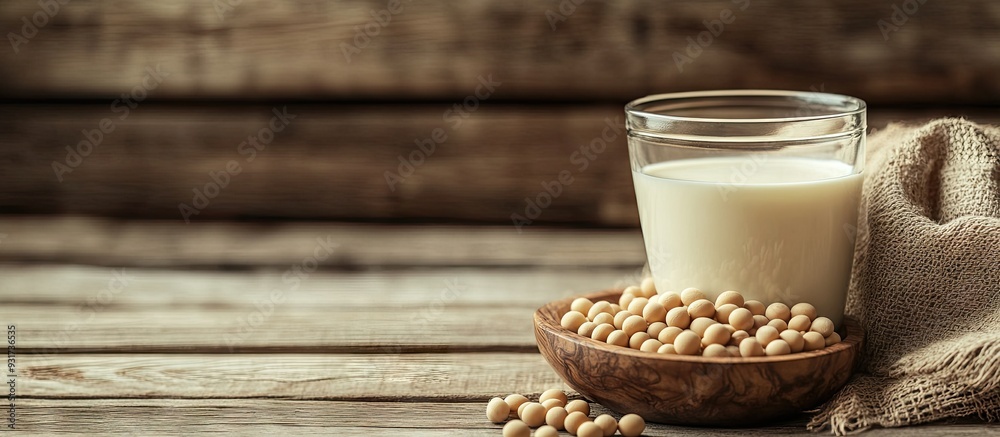 Soybean with milk on a wooden table backdrop. with copy space image. Place for adding text or design Soybean with milk on a wooden table backdrop. with copy space image. Place for adding text or design