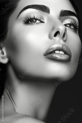 A black-and-white close-up of a beautiful woman with glossed lips and strikingly defined eyebrows, looking upwards with an intense and captivating gaze against a dark backdrop.