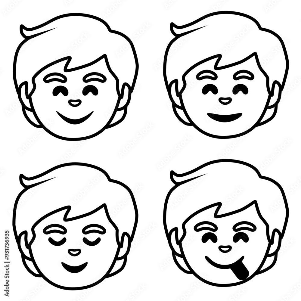 male face sticker in the form of a black line vector. The face consists of a wide-mouthed smile, a normal smile, a smile sticking out the tongue to the side, and a sigh male face sticker in the form of a black line vector. The face consists of a wide-mouthed smile, a normal smile, a smile sticking out the tongue to the side, and a sigh