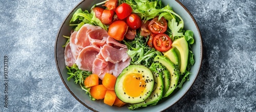 Ham avocado and fresh salad mix Keto breakfast Top view overhead. with copy space image. Place for adding text or design