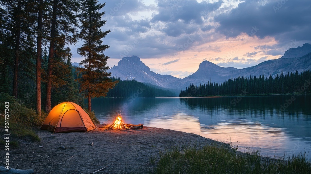 A campsite by Two Jack Lake, with a tent pitched near the shore and a campfire glowing in the evening light. A campsite by Two Jack Lake, with a tent pitched near the shore and a campfire glowing in the evening light.