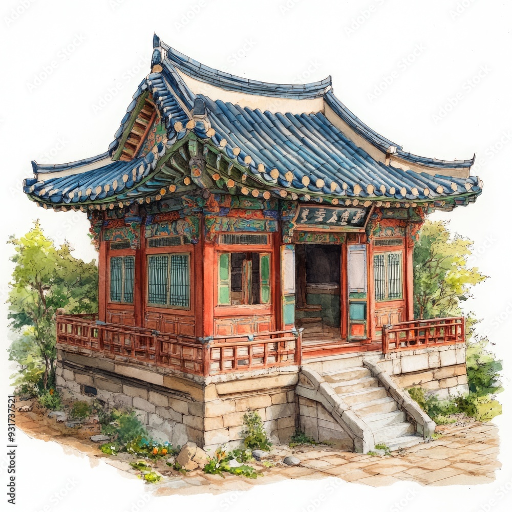 Obraz premium Watercolor Painting of a Traditional Korean Pavilion