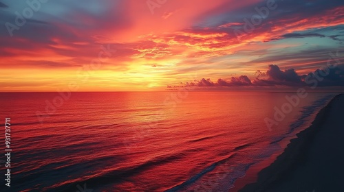 A classic Miami Beach sunset, with the sky ablaze in oranges and pinks, reflecting off the calm ocean waters. photo