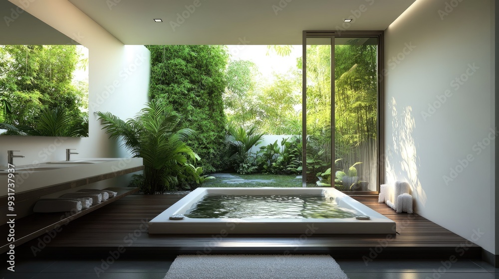 Fototapeta premium A clean, modern bathroom with a sunken tub overlooking a private, zen-like outdoor space, ideal for a calming bath.