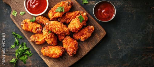 Crispy fried chicken wings and nuggets made at home on a rustic wooden board viewed from above Flat lay Copyspace available