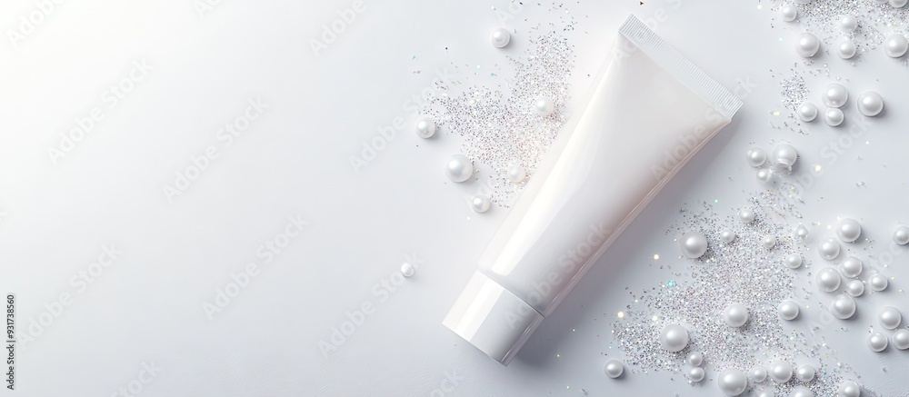 Cosmetic cream lotion tube set against a background of white pearl pastel confetti sparkles with copy space An imaginative top view flat lay backdrop for your beauty blog text design Cosmetic cream lotion tube set against a background of white pearl pastel confetti sparkles with copy space An imaginative top view flat lay backdrop for your beauty blog text design