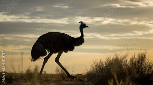 Emu walking through the Australian outback its large body silhouetted against the horizon photo