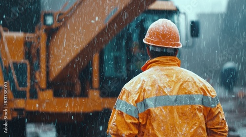 Labour work on construction side in Havey Rain Construction worker is standing in the rain in front of large construction vehicle photo