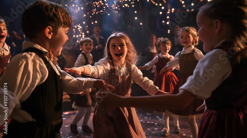 Dancing at festive outdoor party with string lights