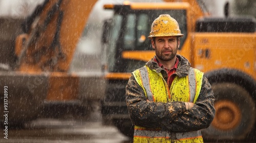 Labour work on construction side in Havey Rain Construction worker is standing in the rain in front of large construction vehicle photo