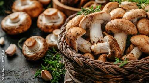 A collection of edible mushrooms displayed in a rustic basket, with herbs and garlic nearby, ready for cooking.