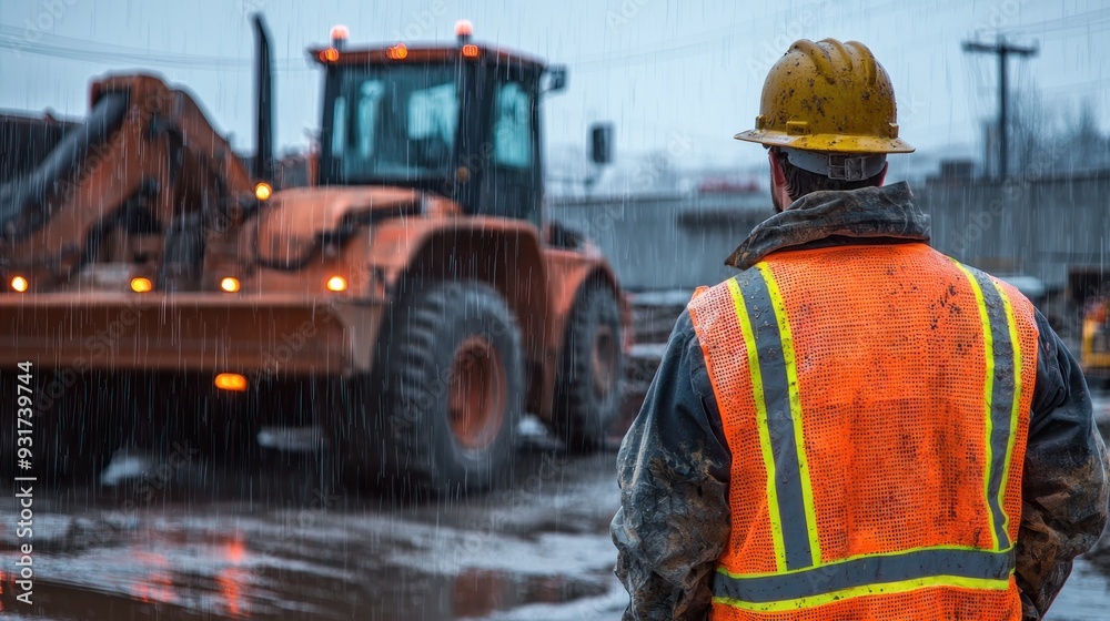 Labour work on construction side in Havey Rain Construction worker is standing in the rain in front of large construction vehicle Labour work on construction side in Havey Rain Construction worker is standing in the rain in front of large construction vehicle