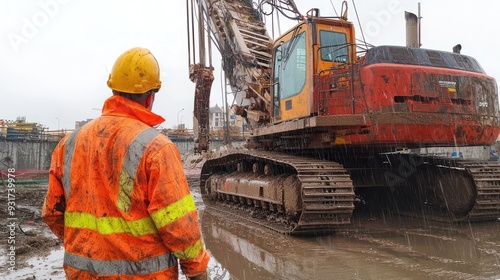 Labour work on construction side in Havey Rain Construction worker is standing in the rain in front of large construction vehicle photo