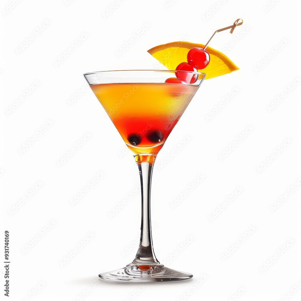 A colorful cocktail in a martini glass garnished with a cherry and orange slice. A colorful cocktail in a martini glass garnished with a cherry and orange slice.