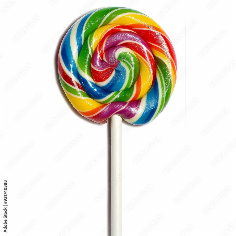A colorful swirl lollipop on a white stick against a white background. A colorful swirl lollipop on a white stick against a white background.