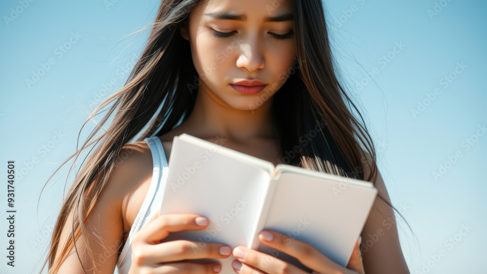 Woman reading book with wind blowing hair Woman reading book with wind blowing hair