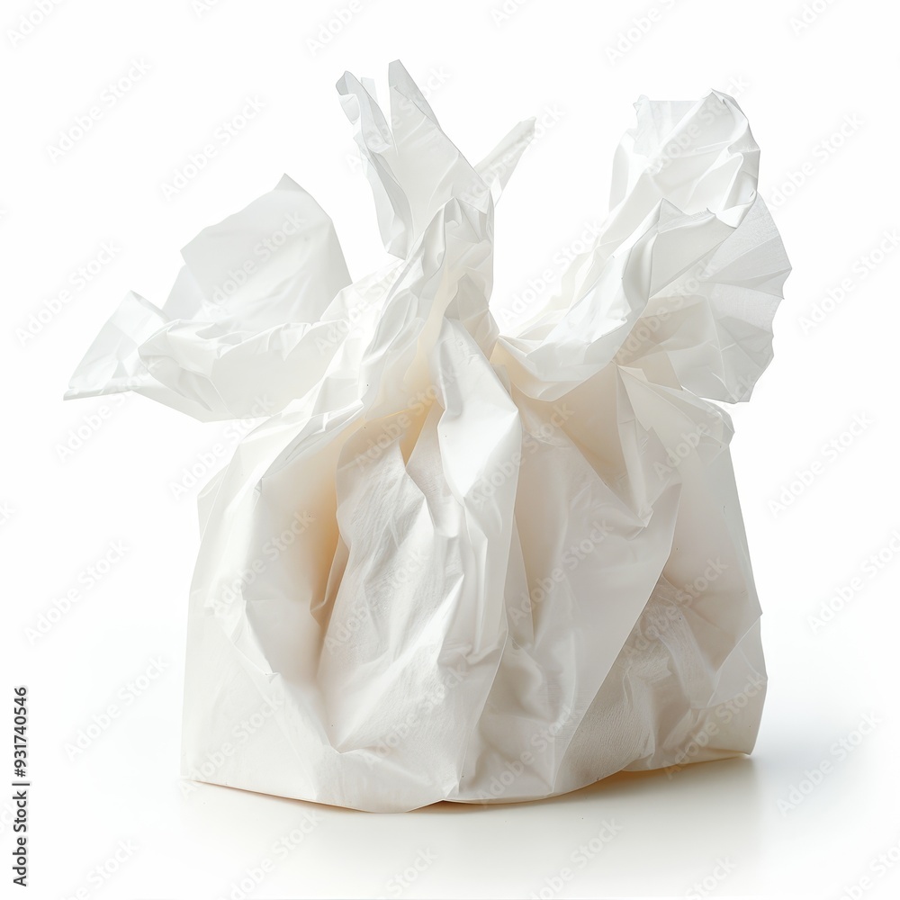 A crumpled piece of white paper isolated on a white background. The paper is wrinkled and has a textured surface. A crumpled piece of white paper isolated on a white background. The paper is wrinkled and has a textured surface.