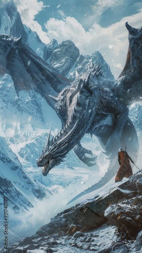 A dragon flies fiercely toward an icy mountain, preparing to engage in battle against an unseen adversary