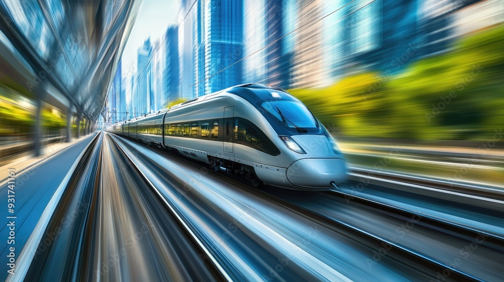 A high-speed maglev train speeding through a modern urban environment, with blurred motion conveying its incredible speed A high-speed maglev train speeding through a modern urban environment, with blurred motion conveying its incredible speed